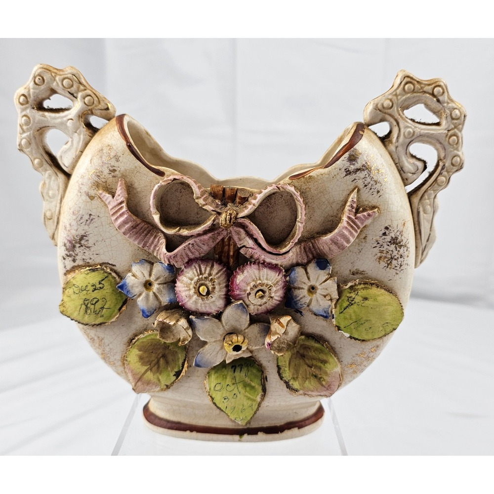 Antique Floral Vase Handled Ceramic 1897 Dated Decor Display‎ Planter
